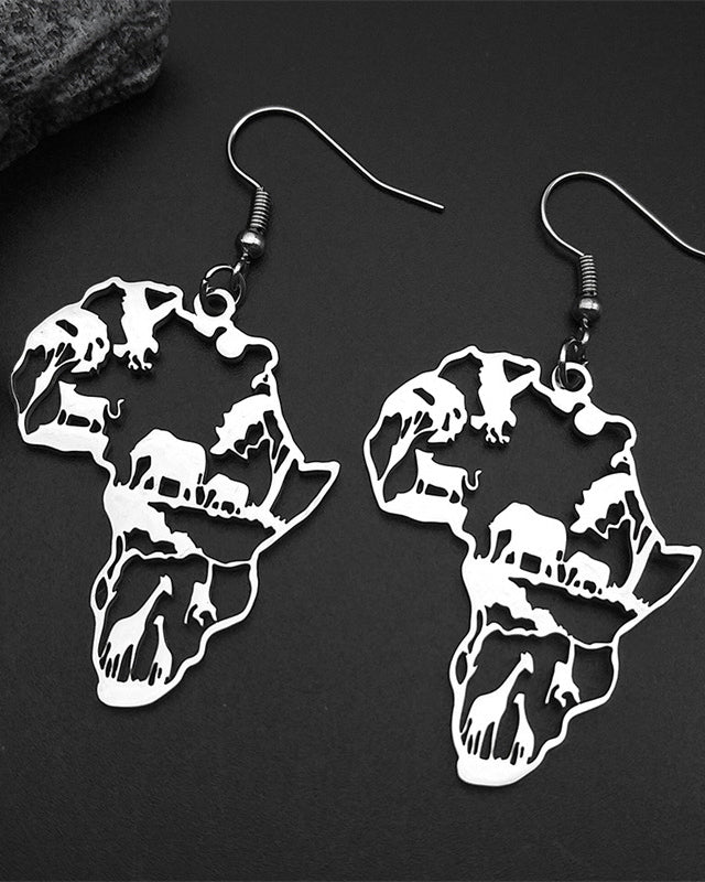 African Map & Animal Stainless Steel Earrings and Necklace