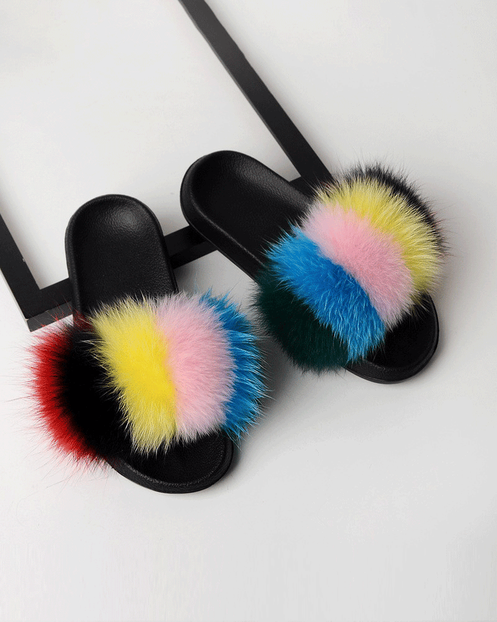 Color-blocked Fox Fur Slippers