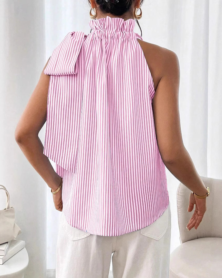 Casual Sleeveless Striped Lace High Neck Tee Top