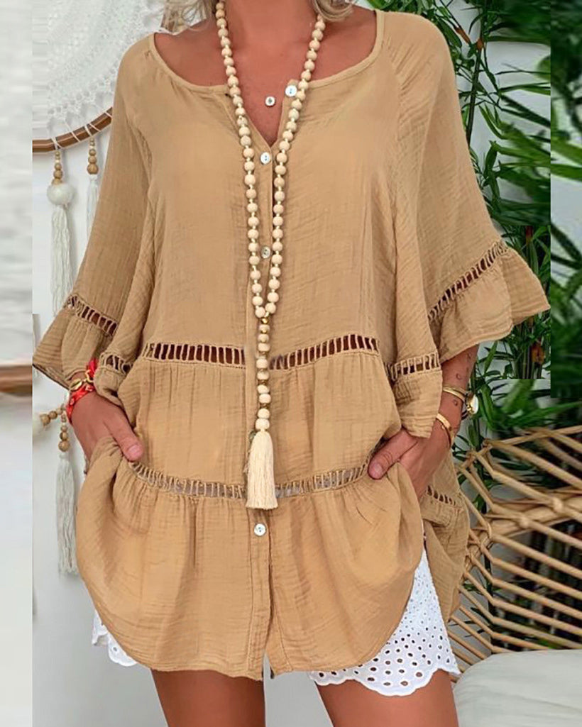 Three-quarter Sleeve Cotton Linen V-neck Loose Button-down Cutout Top