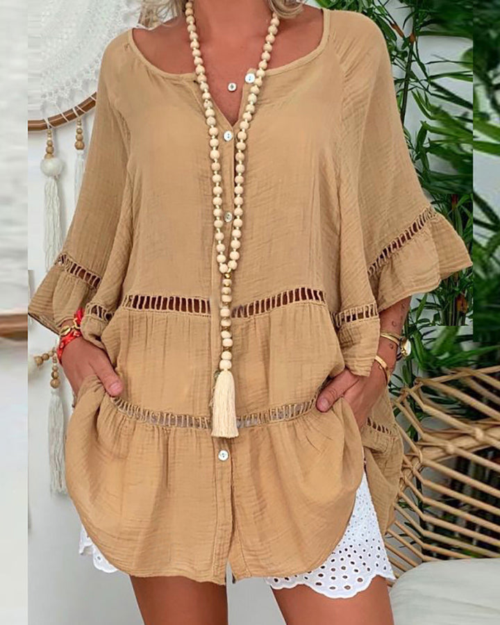 Three-quarter Sleeve Cotton Linen V-neck Loose Button-down Cutout Top