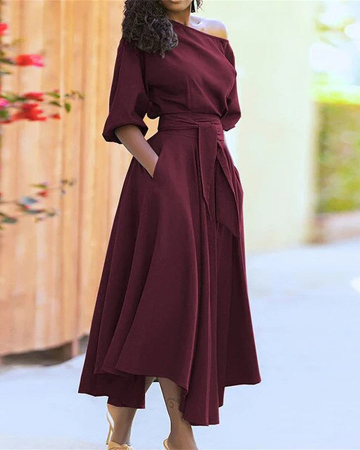 Asymmetrical Shoulder Tie-up Puff Sleeve Solid Color Maxi Dress