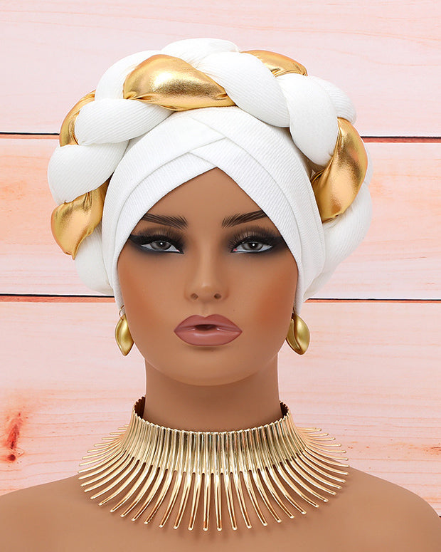 Elegant Pre-Tied Boho Turban Cap with Golden Accents