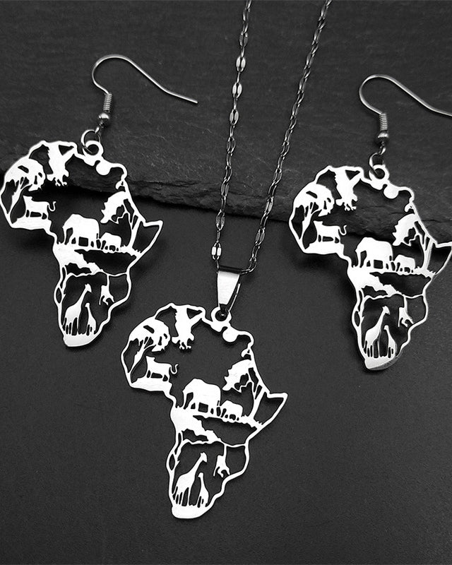 African Map & Animal Stainless Steel Earrings and Necklace