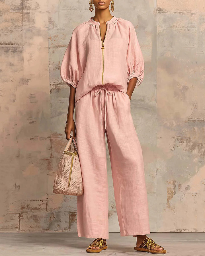 Solid Color Cotton Linen Puff Sleeve Zip-up Top and Wide-leg Pants Two-piece Set