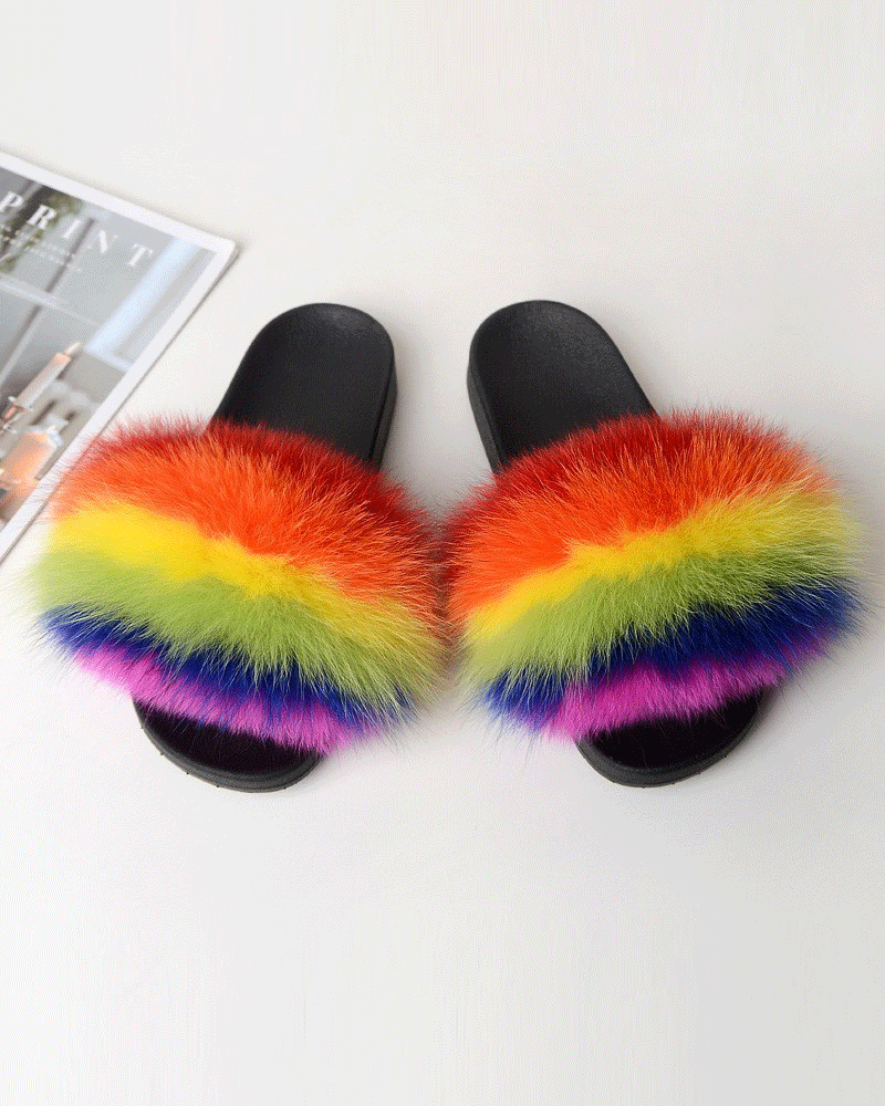 Color-blocked Fox Fur Slippers