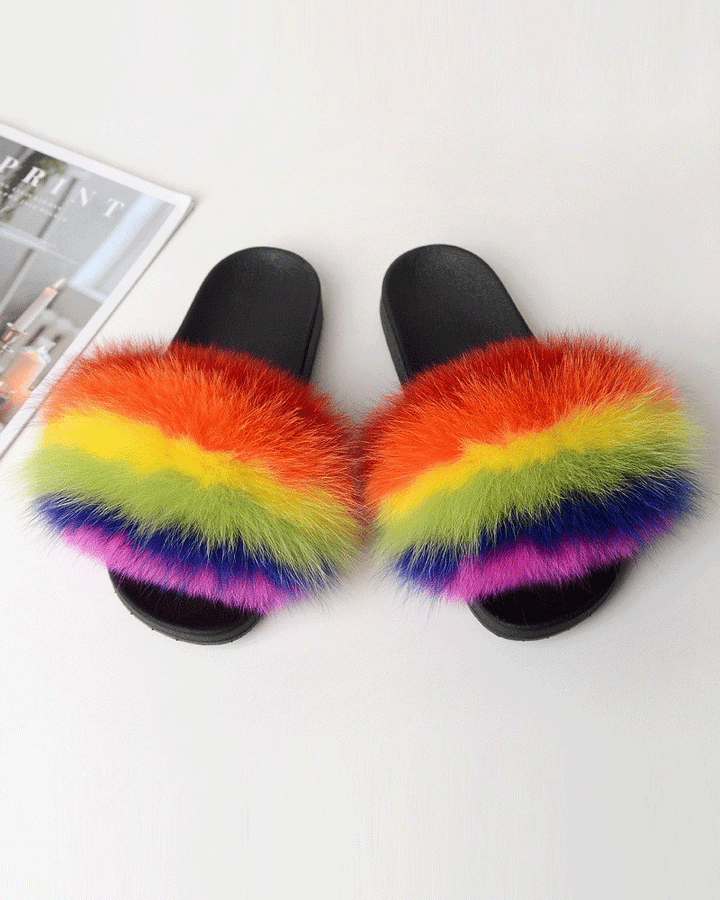 Color-blocked Fox Fur Slippers