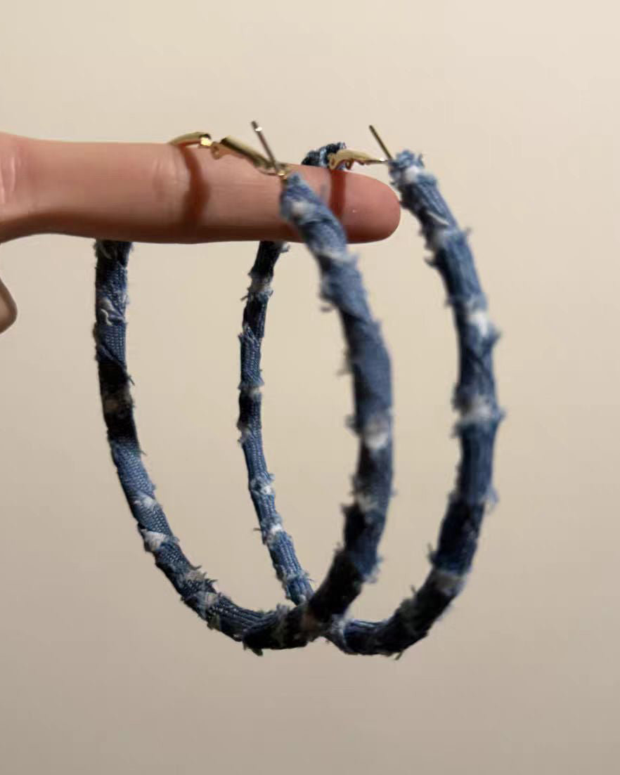 Vintage Distressed Denim Blue Large Circle Earrings