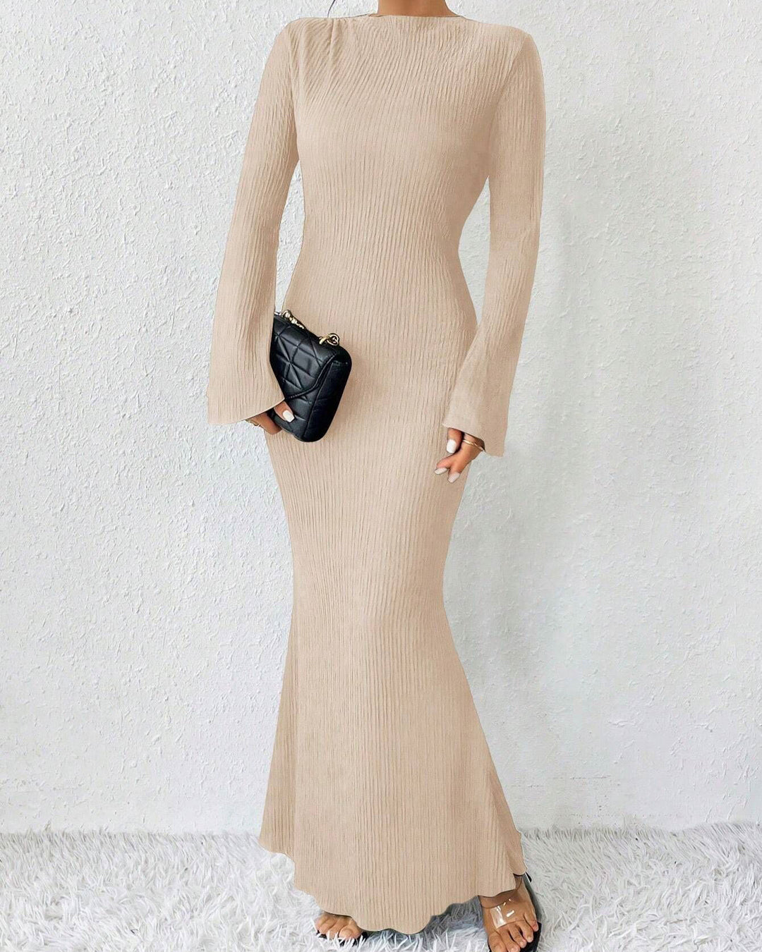 Autumn And Winter New Women's Fashion Round Neck Trumpet Long Sleeve Slim-fit Hip Dress