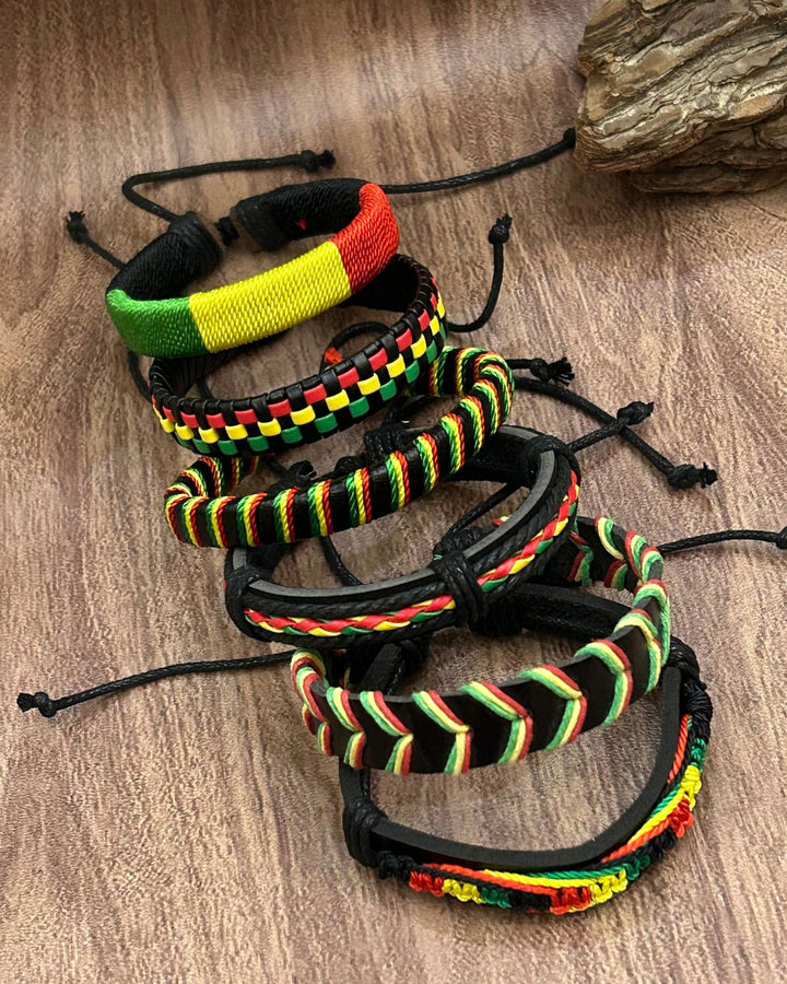 6-Piece Reggae-Inspired Colorful Leather & Cord Braided Adjustable Bangles Set