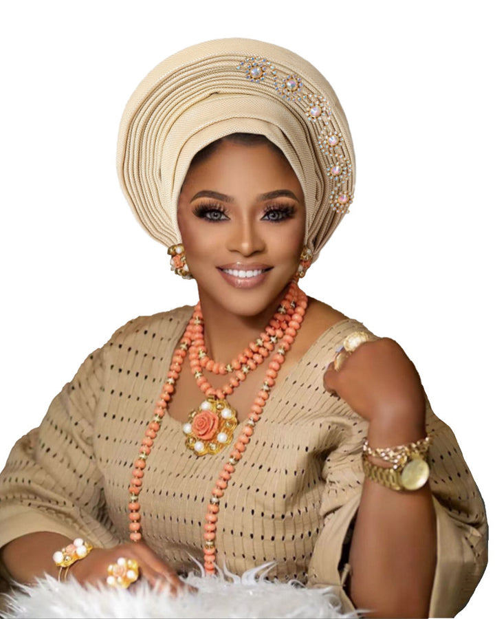 African Auto Gele Headtie Pre‑Tied Headwrap, Rhinestone Embellished Traditional Nigerian Turban Cap