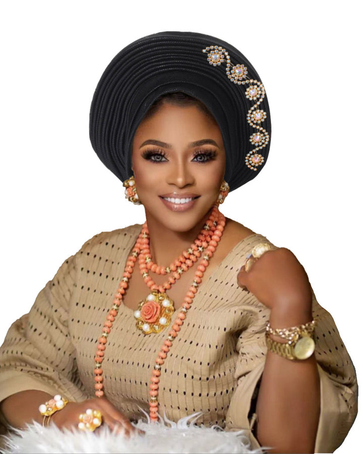 African Auto Gele Headtie Pre‑Tied Headwrap, Rhinestone Embellished Traditional Nigerian Turban Cap