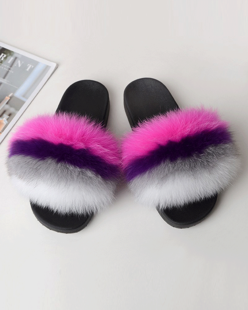 Color-blocked Fox Fur Slippers