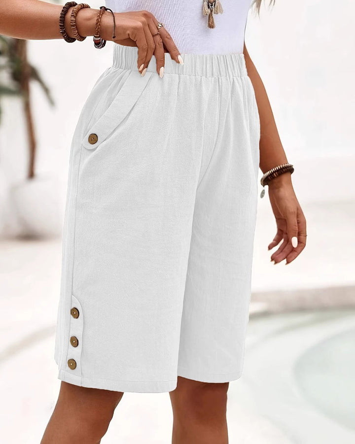 Cotton Linen Solid Color Pocketed Knee Length Shorts