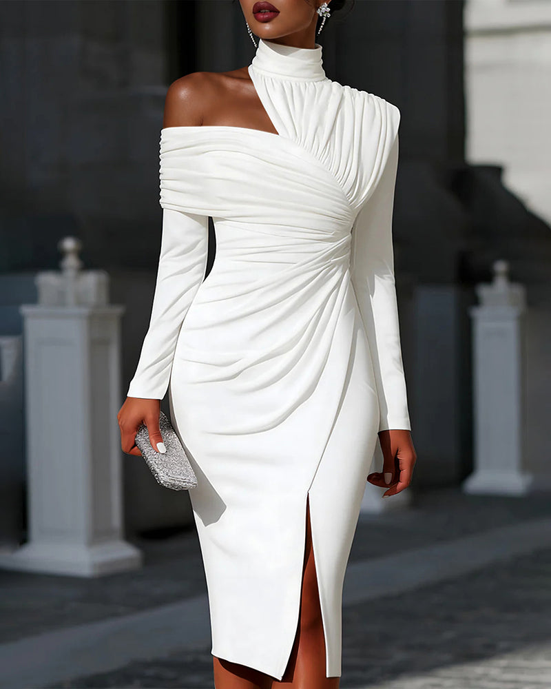 Solid color One-shoulder Long Sleeve Draped Asymmetrical Midi Dress