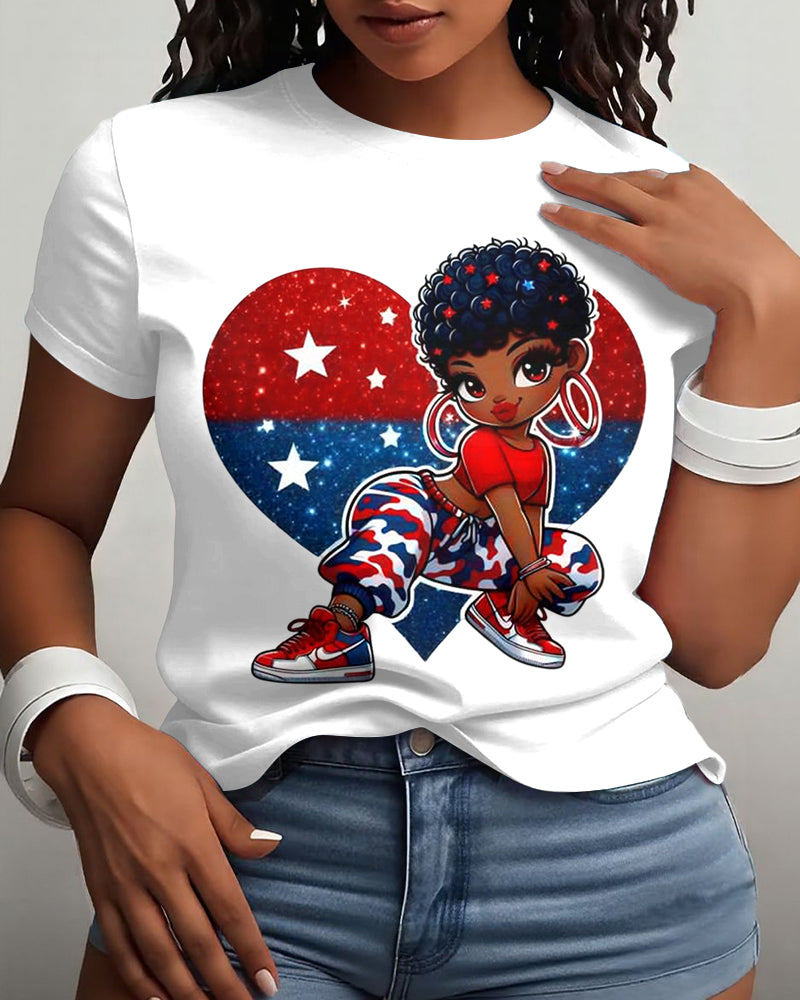100% Cotton Patriotic Black Girl 4th of July Crew Neck Short Sleeve Tshirt