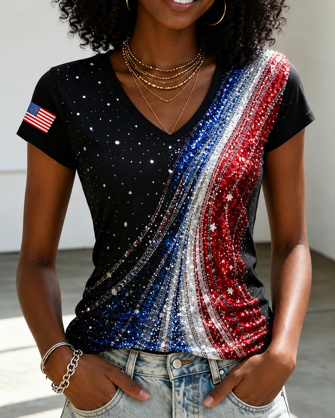 Polka Dot & Star Contrast Stripe Print V-neck Short Sleeve Tshirt