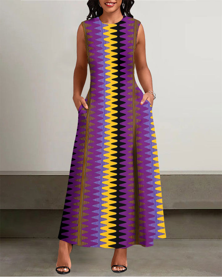 Crew Neck Purple Wavy Striped AAnkara Print Sleeveless Pockets Maxi Dress