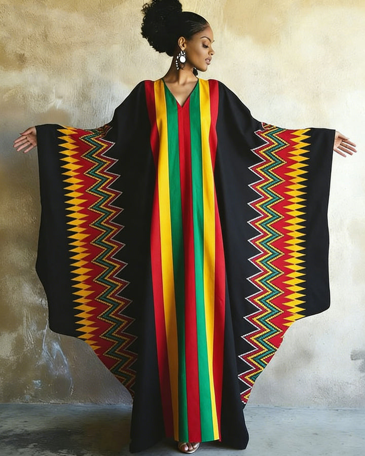 Reggae Color-blocked Stripes Print V-neck Long Kaftan