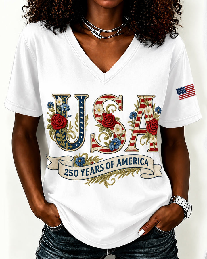 100% Cotton Retro USA 250 V Neck Short Sleeve Tshirt