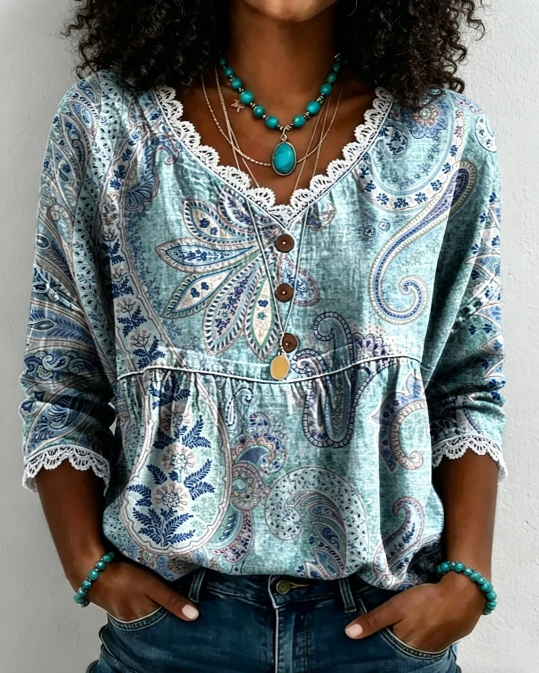 Retro Western-style Flowers Print Casual Hollow-Out Lace Patchwork Shirt