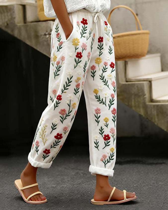 Simple Floral Print Design Cotton and Linen Casual Pants