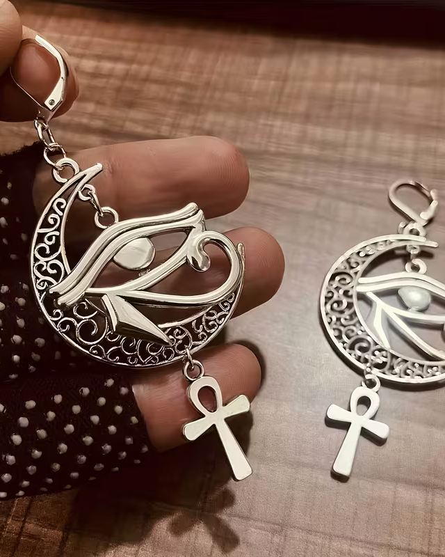 A Pair of Hollow Crescent Moon Earrings, Horus Eye Pendant Jewelry, Trendy Divine Eye Earrings, Bohemian Style Charming Jewelry Gift.