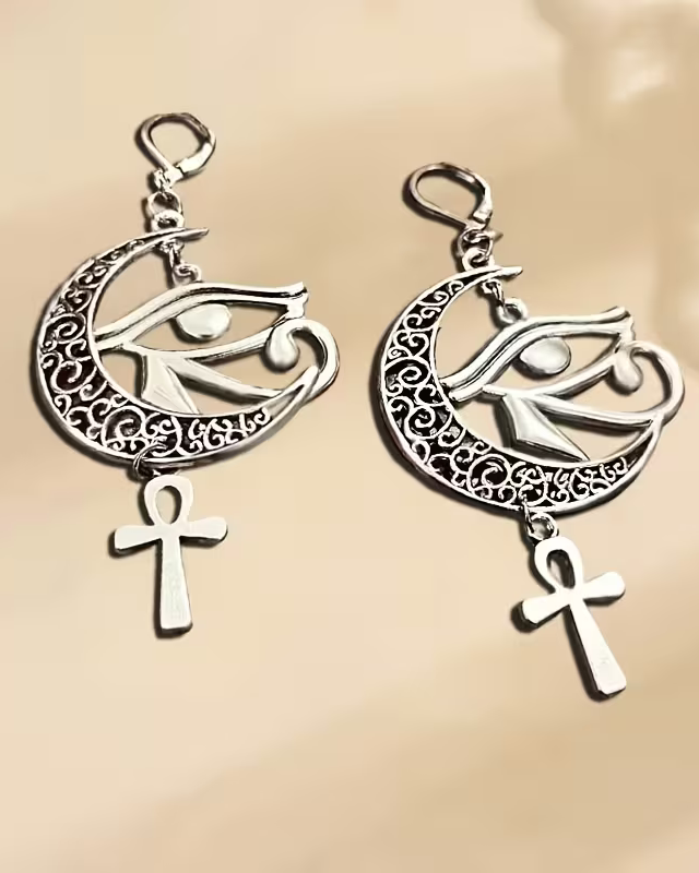 A Pair of Hollow Crescent Moon Earrings, Horus Eye Pendant Jewelry, Trendy Divine Eye Earrings, Bohemian Style Charming Jewelry Gift.