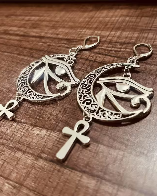 A Pair of Hollow Crescent Moon Earrings, Horus Eye Pendant Jewelry, Trendy Divine Eye Earrings, Bohemian Style Charming Jewelry Gift.