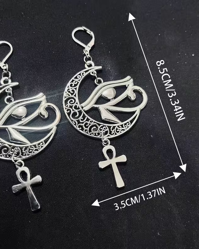 A Pair of Hollow Crescent Moon Earrings, Horus Eye Pendant Jewelry, Trendy Divine Eye Earrings, Bohemian Style Charming Jewelry Gift.
