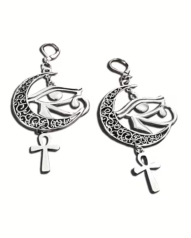 A Pair of Hollow Crescent Moon Earrings, Horus Eye Pendant Jewelry, Trendy Divine Eye Earrings, Bohemian Style Charming Jewelry Gift.