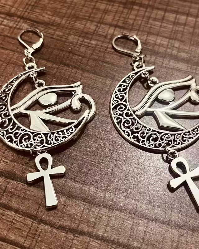 A Pair of Hollow Crescent Moon Earrings, Horus Eye Pendant Jewelry, Trendy Divine Eye Earrings, Bohemian Style Charming Jewelry Gift.