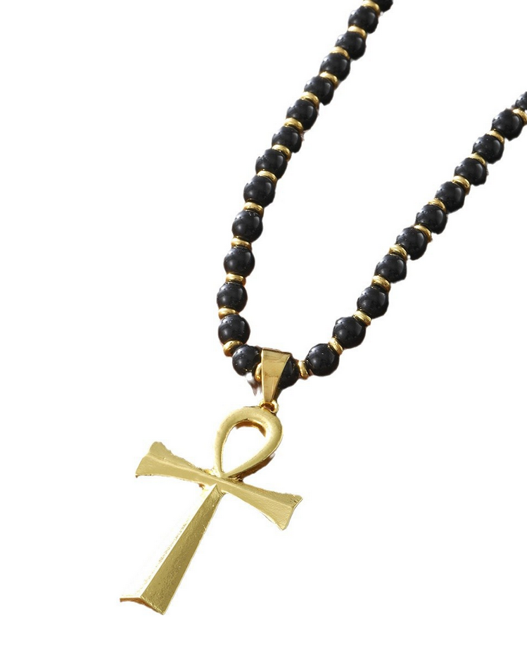 Egyptian Cross Hip Hop Personality Natural Black Onyx Gem Beaded Necklace Gift