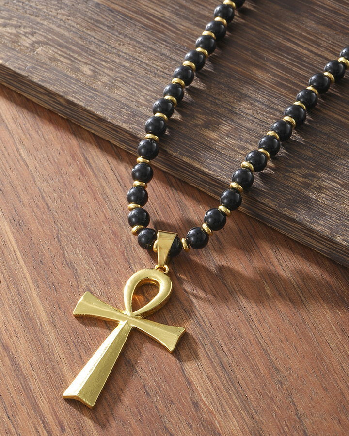 Egyptian Cross Hip Hop Personality Natural Black Onyx Gem Beaded Necklace Gift