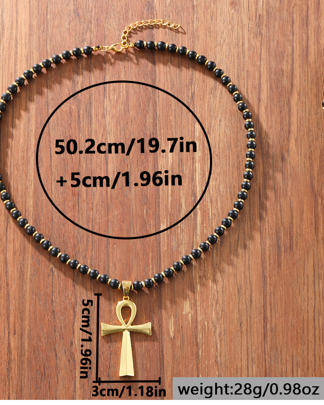 Egyptian Cross Hip Hop Personality Natural Black Onyx Gem Beaded Necklace Gift
