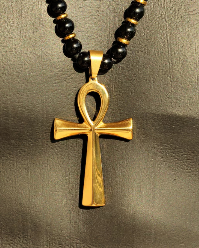 Egyptian Cross Hip Hop Personality Natural Black Onyx Gem Beaded Necklace Gift