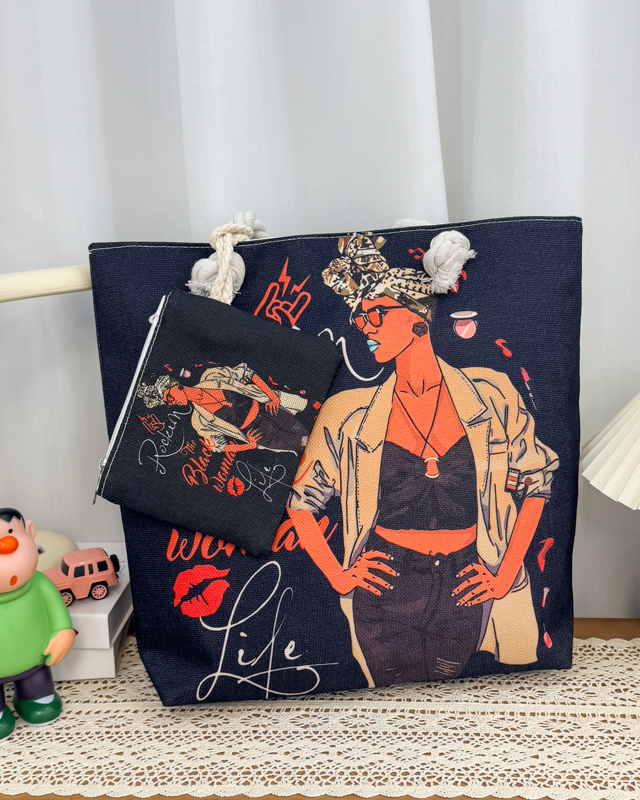 Thick Rope Large Capacity Black Girl Canvas Bag + Free Wallet