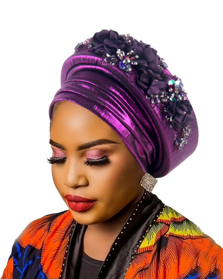 High-Quality Diamond Floral African Turban Hat