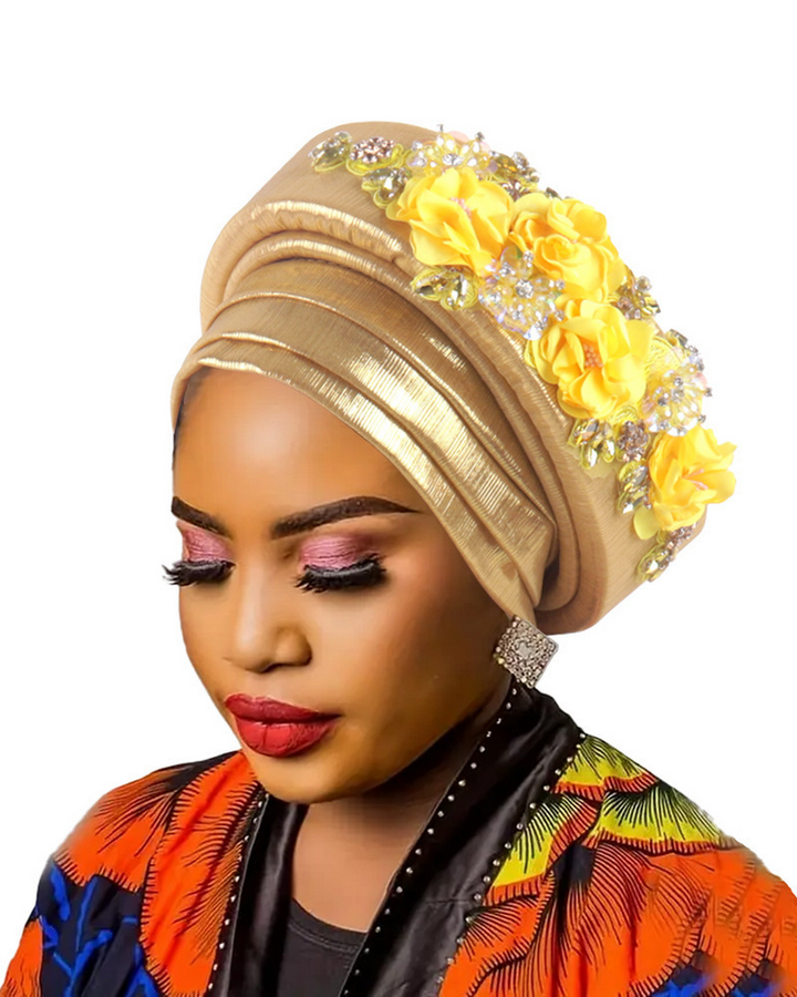 High-Quality Diamond Floral African Turban Hat