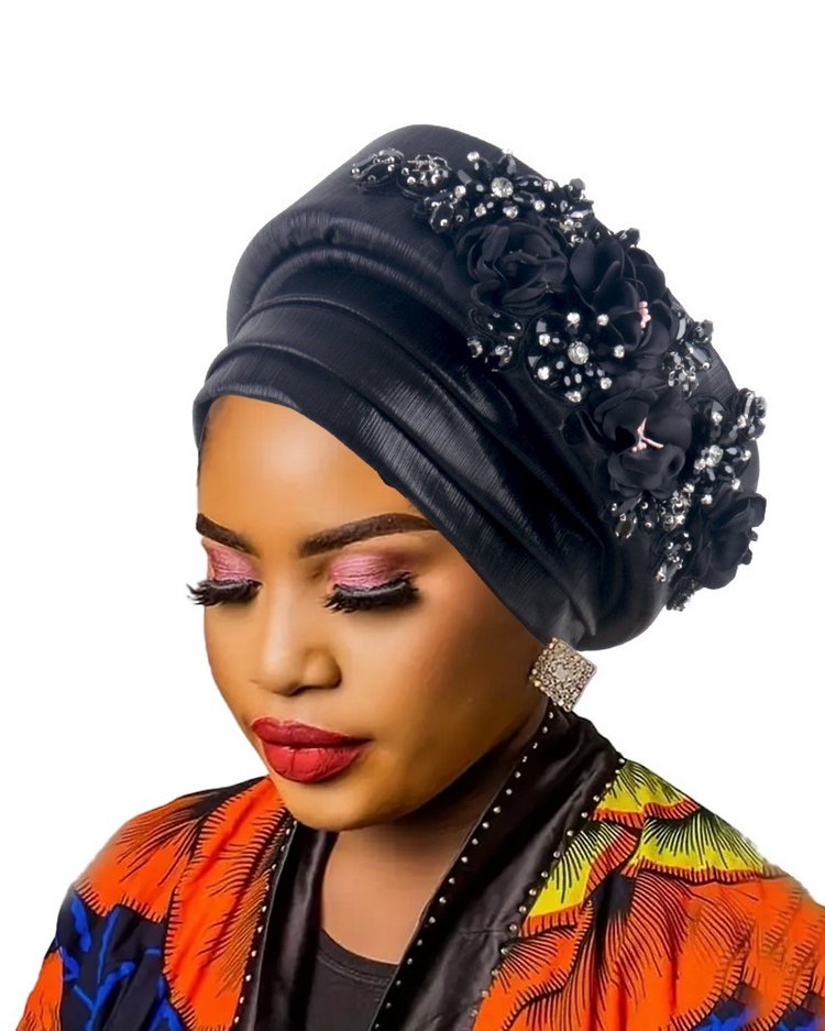 High-Quality Diamond Floral African Turban Hat