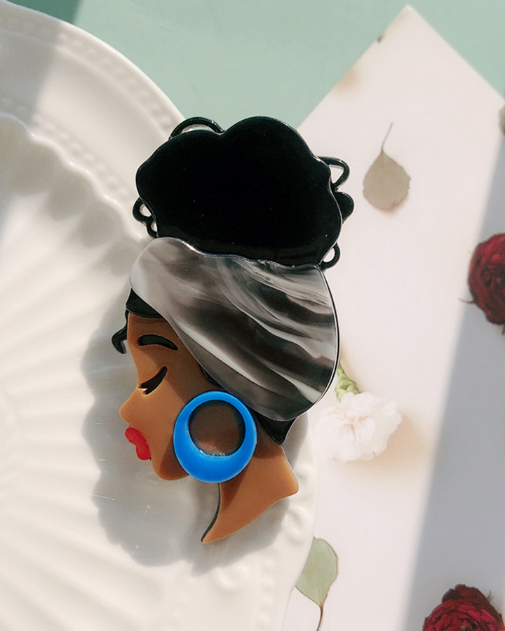Vintage Acrylic Brooch - Black Girl with Headwrap Style