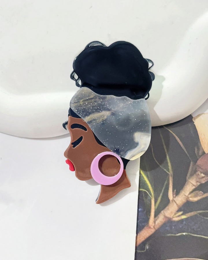 Vintage Acrylic Brooch - Black Girl with Headwrap Style
