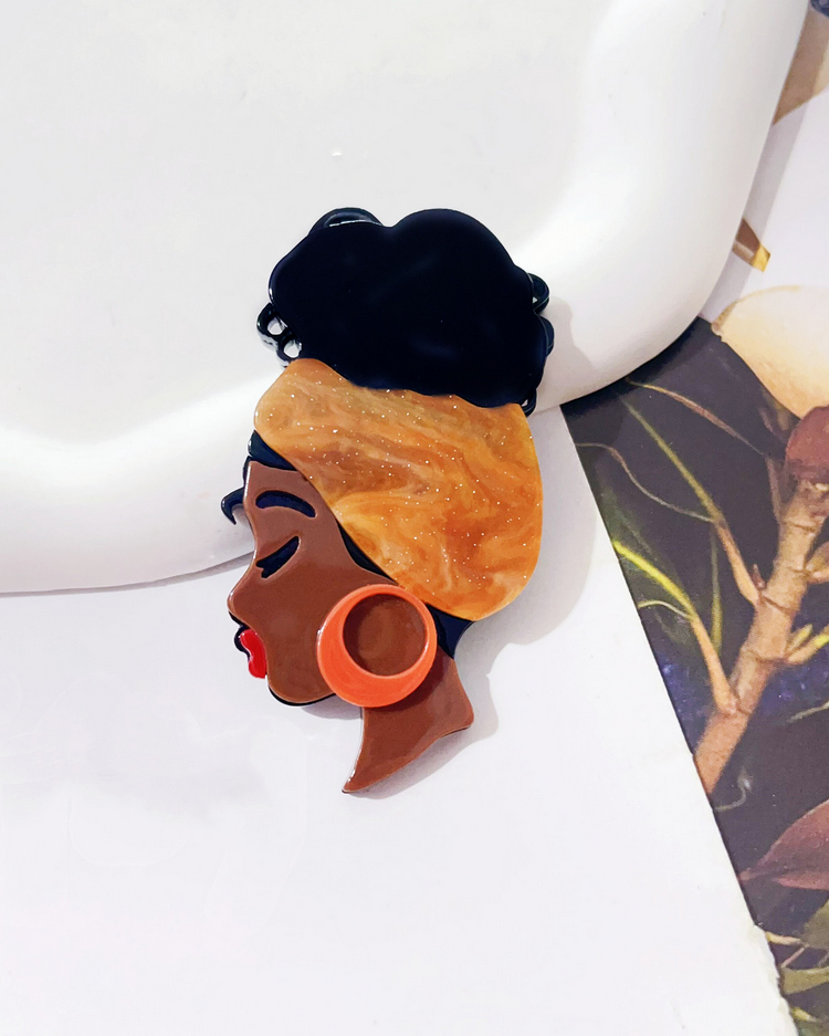 Vintage Acrylic Brooch - Black Girl with Headwrap Style