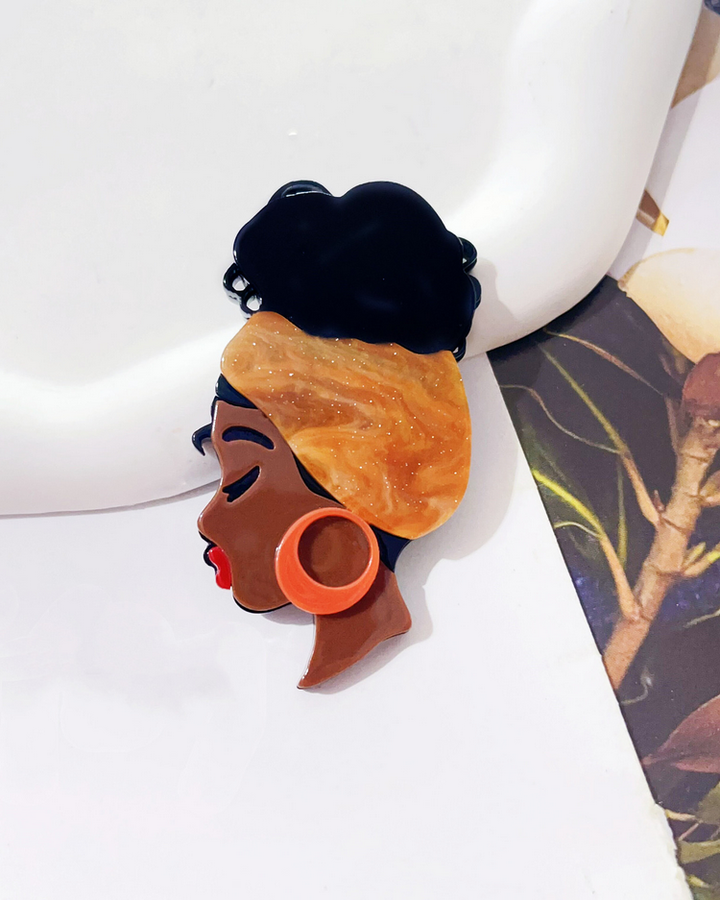 Vintage Acrylic Brooch - Black Girl with Headwrap Style
