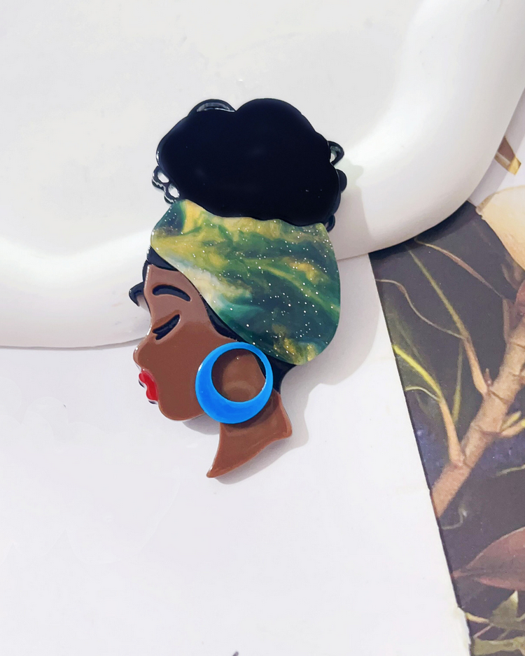 Vintage Acrylic Brooch - Black Girl with Headwrap Style