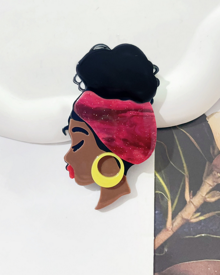 Vintage Acrylic Brooch - Black Girl with Headwrap Style