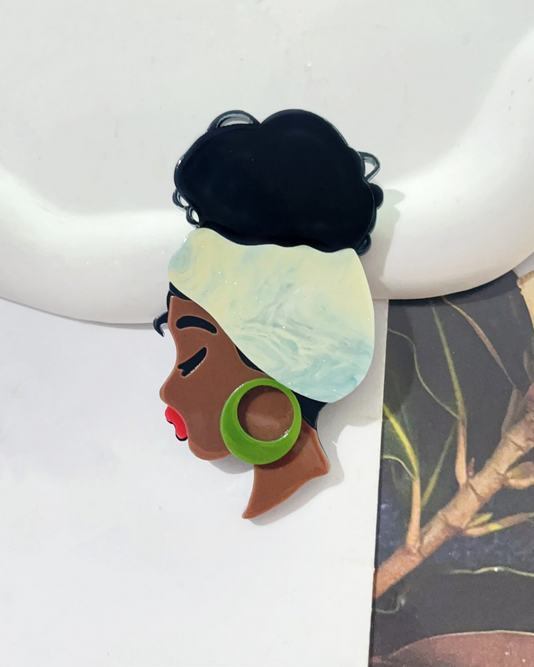 Vintage Acrylic Brooch - Black Girl with Headwrap Style