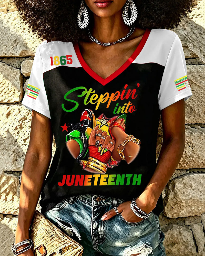 Steppin Into Juneteenth Print V-neck Short Sleeve Tshirt