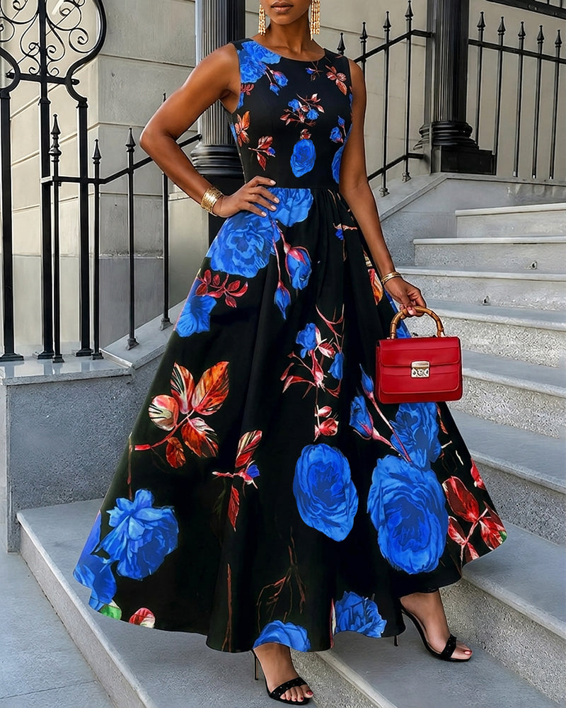 Summer Purple Floral Art Print Sleeveless Maxi Dress