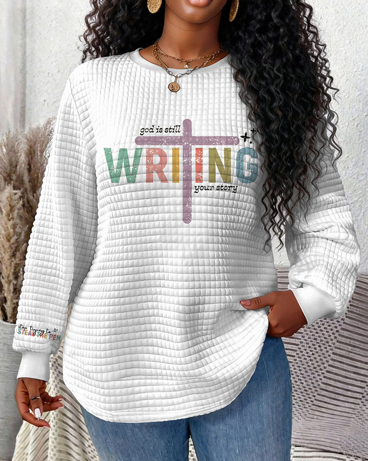 Trust God Christian Print Waffle Crewneck Long Sleeve Sweatshirt